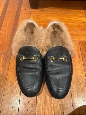 Black Leather Fur-Lined Slip-On Moccasins with Gold Horsebit